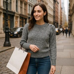 Allison New York Gray Space Dye Chenille Puff Sleeve Sweater - Small P